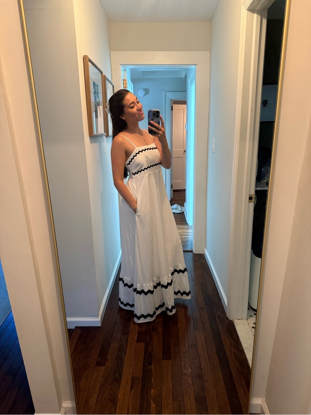 White Maxi Dress with Black Wave Trim